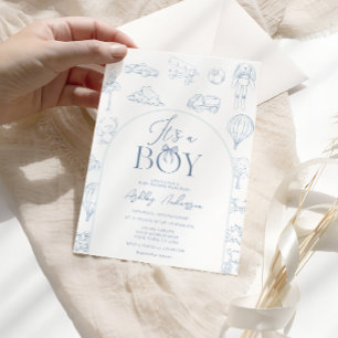 Convite Chuva De Bebê Menino Com Toile De Jouy Azul