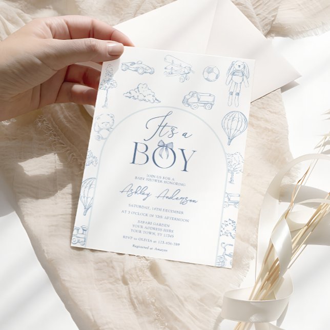 Convite Chuva De Bebê Menino Com Toile De Jouy Azul (Criador carregado)