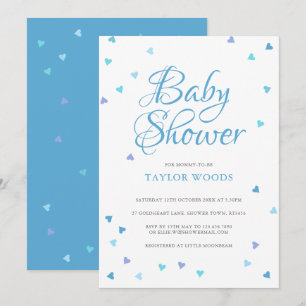 Convite Chuva de Bebê Menino Corações de Amor Azul Moderno