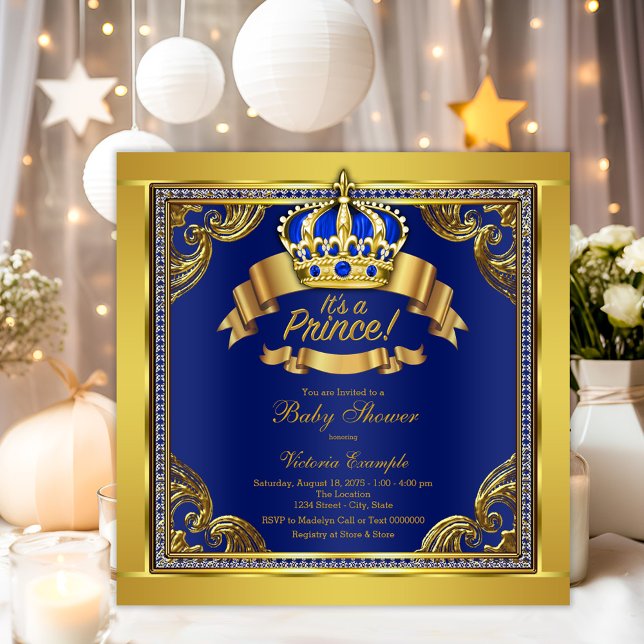 Convite Chuva de Bebê Menino Coroa Dourada Azul Real (Elegant royal blue and gold prince baby shower invitation. Simply add you recent details.)