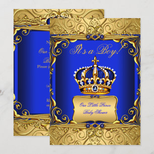 Convite Chuva de Bebê Menino Coroa Dourada Damask Azul Rea