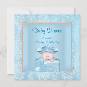 Convite Chuva de Bebê Menino Damasco Floral Azul Branco
