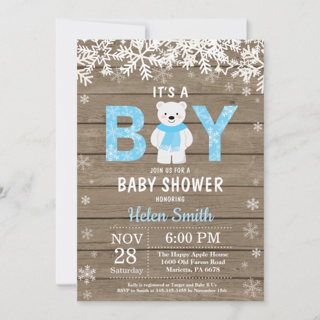 Convite Chuva de Bebê Menino de Urso Polar Rústico de Inve (Frente)