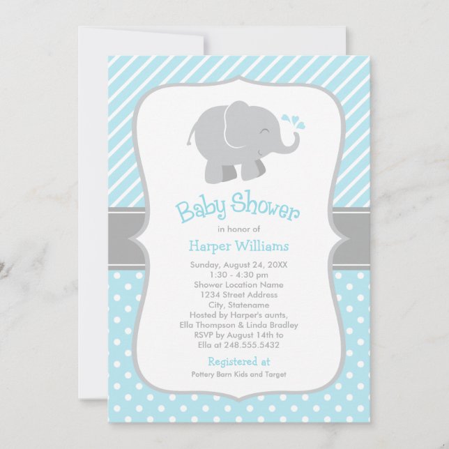 Convite Chuva de Bebê Menino Elefante Azul Céu Moderno (Frente)