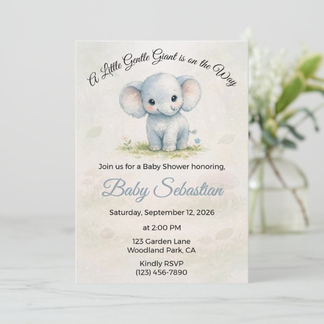 Convite Chuva de Bebê Menino Elefante Azul Doce (Em pé/Frente)
