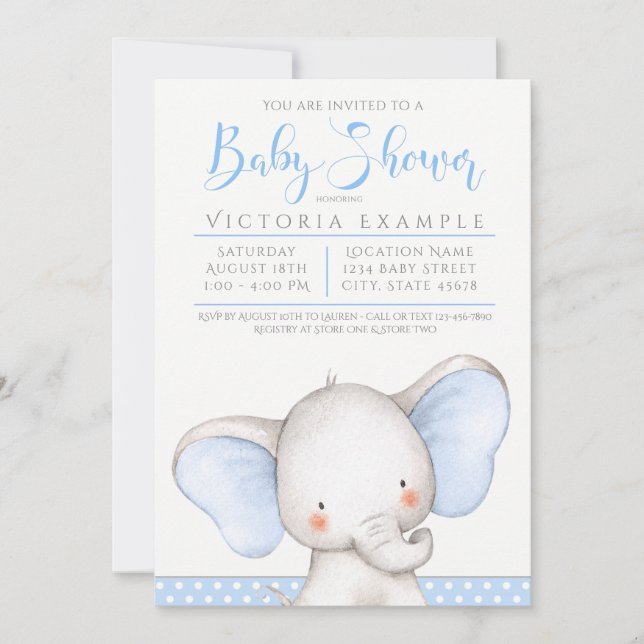 Convite Chuva de Bebê Menino Elefante Cinza Azul (Frente)