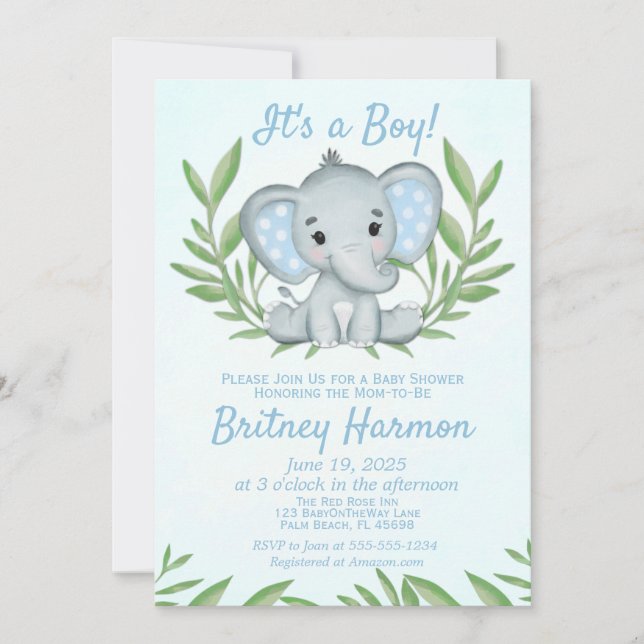 Convite Chuva de Bebê Menino Elefante com Vegetação Modern (Frente)