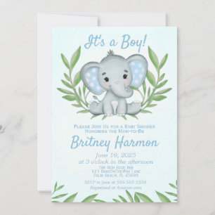 Convite Chuva de Bebê Menino Elefante com Vegetação Modern