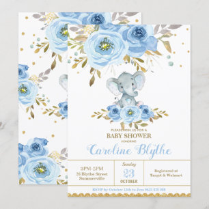 Convite Chuva de Bebê Menino Elefante Floral Azul Elegante