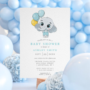 Convite Chuva de Bebê Menino Elefante Fofo Aquarela