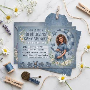 Convite Chuva de Bebê Menino em Gênero Denim Rústico Lua d
