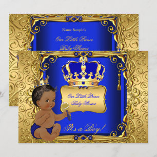 Convite Chuva de Bebê Menino Étnico Azul Real Dourado