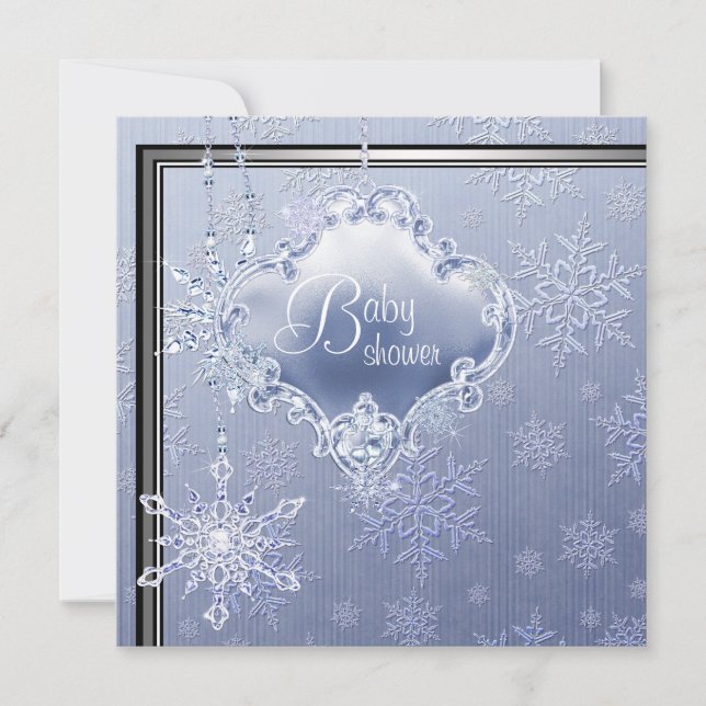 Convite Chuva de Bebê Menino Floco de Neve Azul Prateado E (Frente)