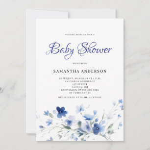Convite Chuva de Bebê Menino Floral Aquarela Azul