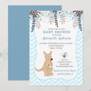 Convite Chuva de Bebê Menino Floral Aquarela Boho Canguru