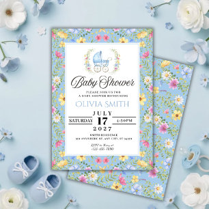 Convite Chuva de Bebê Menino Floral Azul Elegante