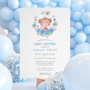 Convite Chuva de Bebê Menino Floral Azul Macaco