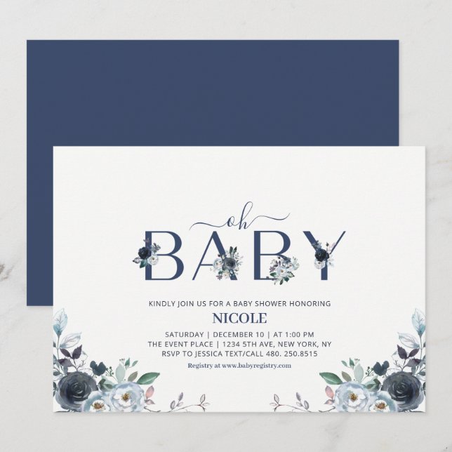 Convite Chuva de Bebê Menino Floral Boho Azul Marinho (Frente/Verso)