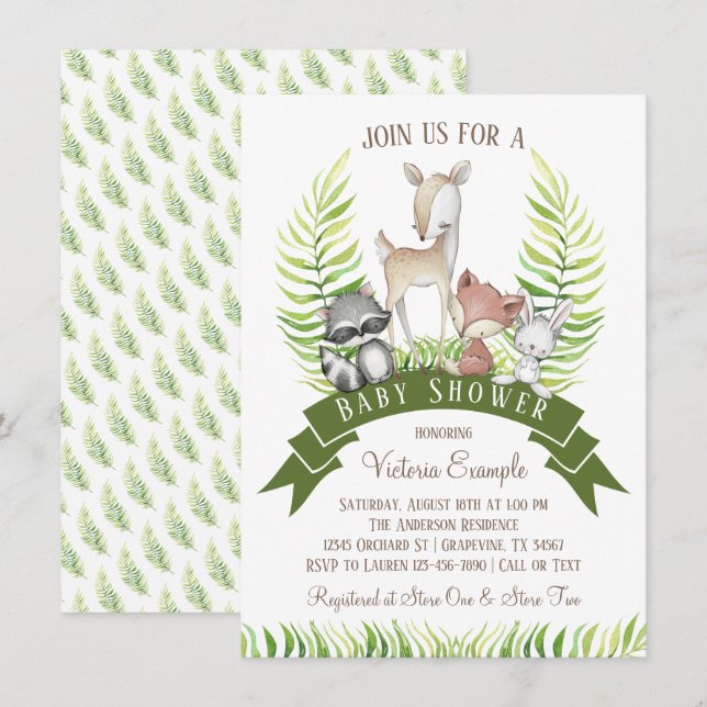 Convite Chuva de Bebê Menino Floresta Animais Verde (Frente/Verso)
