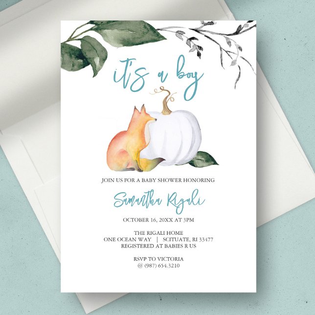 Convite Chuva de Bebê Menino Floresta Outonal Aquarela (baby shower invitation fall boy fox white pumpkin)
