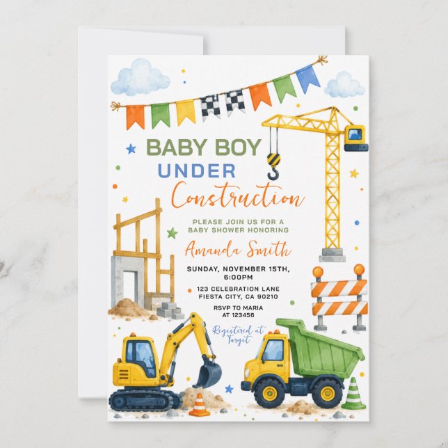 Convite Chuva de Bebê Menino Fofo em Construção (Frente)