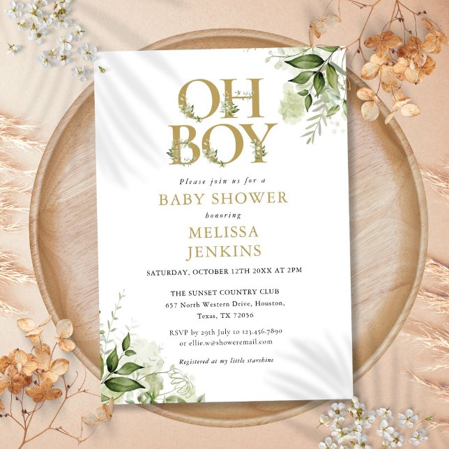 Convite Chuva de Bebê Menino Galeria Botânica Dourada (Oh Boy Botanical Greenery Gold Baby Shower Invitation)