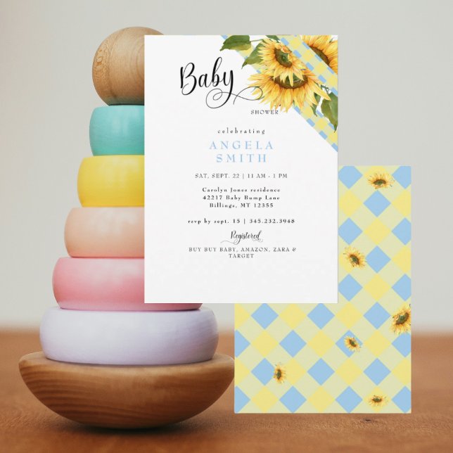 Convite Chuva de Bebê Menino Ginga Amarelo Azul com Girass (Criador carregado)
