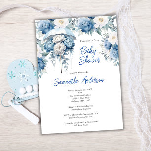 Convite Chuva de Bebê Menino Guarda-Chuva Floral Azul Bran