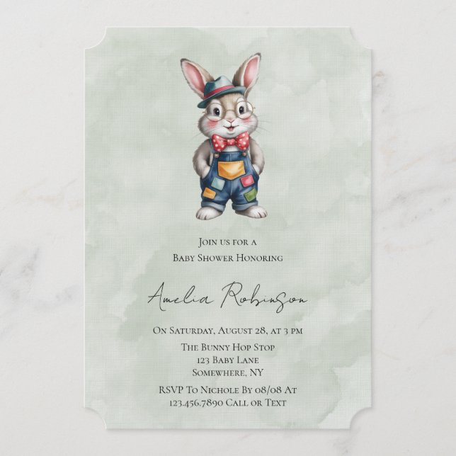 Convite Chuva de Bebê Menino Hipster Bunny  (Frente)