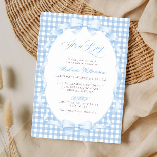 Convite Chuva de Bebê Menino Laço Coquete Gingham Azul