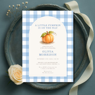Convite Chuva de Bebê Menino Little Pumpkin Blue Gingham