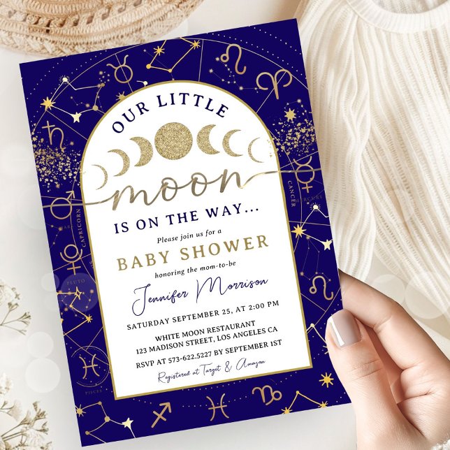 Convite Chuva de Bebê Menino Lua Celestial Azul Naval Dour (Criador carregado)