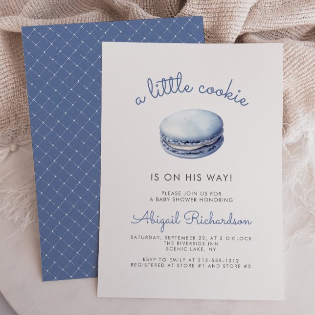 Convite Chuva de Bebê Menino Macaron Biscoito Azul Pequeno (Criador carregado)