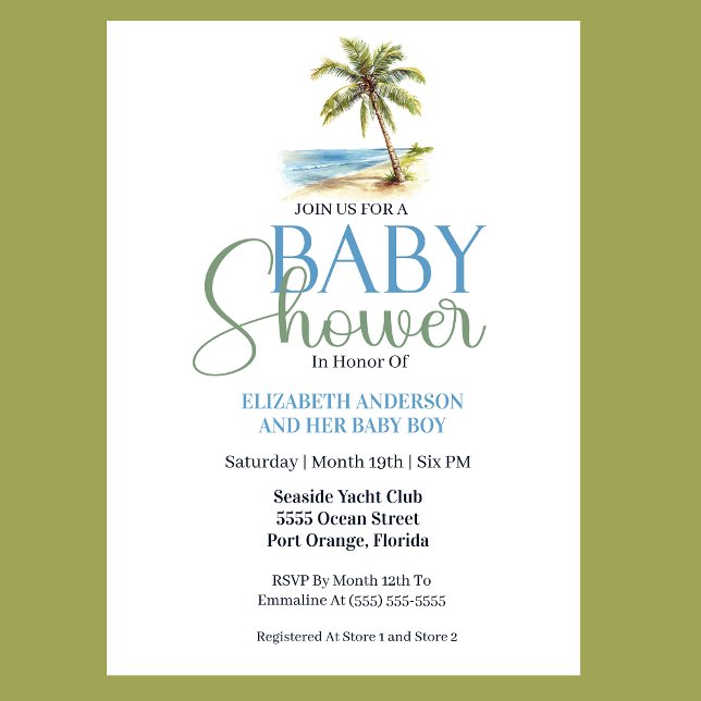 Convite Chuva de Bebê Menino Palmeira de Praia (Tropical beach baby shower invitation with watercolor palm tree coastal blue and sage green design f)