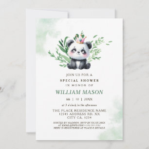 Convite Chuva de Bebê Menino Panda Fofo com Folhagem em Aq