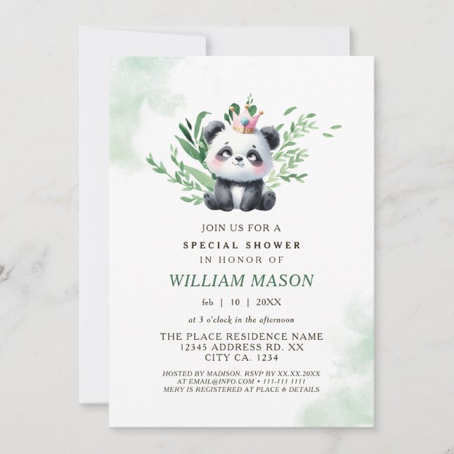 Convite Chuva de Bebê Menino Panda Fofo com Folhagem em Aq (Frente)