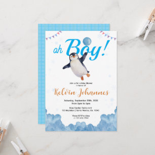 Convite Chuva de Bebê Menino Pinguim Balão Azul Nuvem Céu