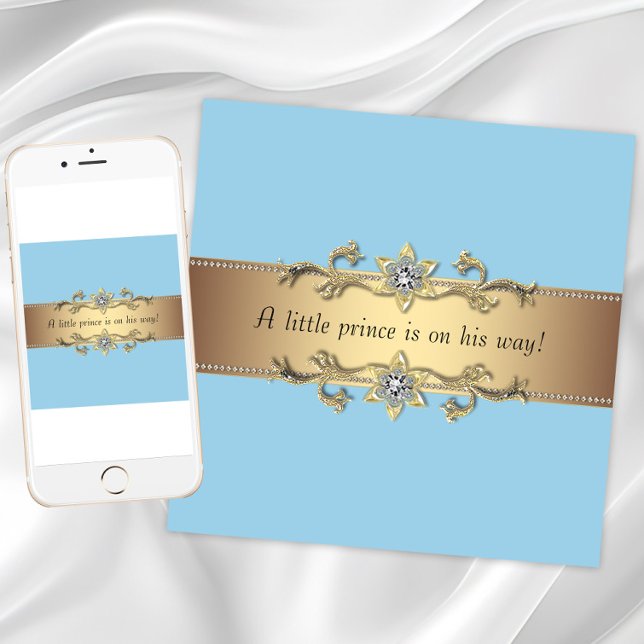 Convite Chuva de Bebê Menino Príncipe Azul (Baby blue gold baby shower invitation. Add your text to the front and back. Download and printed.)