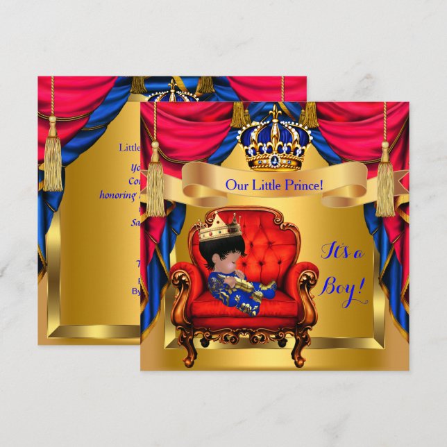Convite Chuva de Bebê Menino Príncipe Azul Real Dourado e  (Frente/Verso)