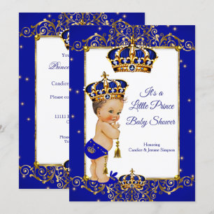 Convite Chuva de Bebê Menino Príncipe Azul Real Dourado Mo