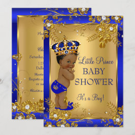 Convite Chuva de Bebê Menino Príncipe Dourado Azul Afro-Am