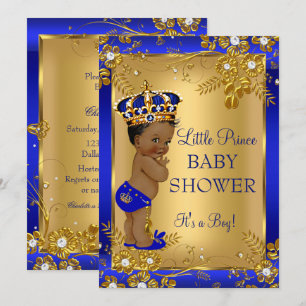 Convite Chuva de Bebê Menino Príncipe Dourado Azul Afro-Am