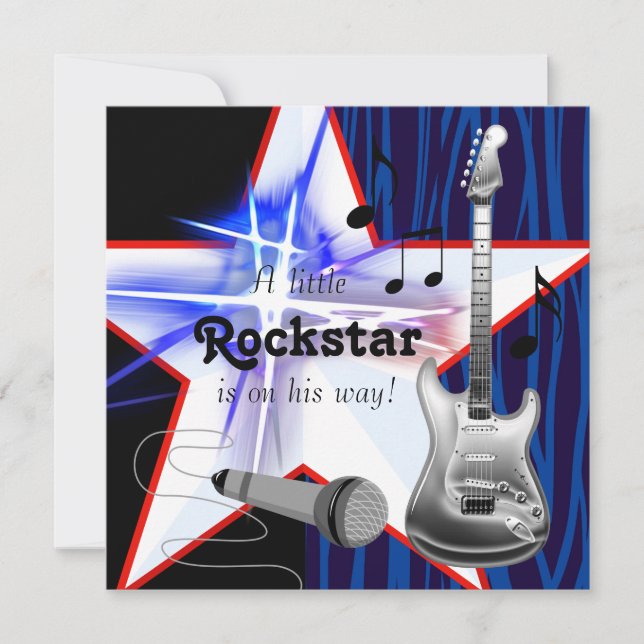 Convite Chuva de Bebê Menino Rockstar Zebra Azul Vermelho (Frente)