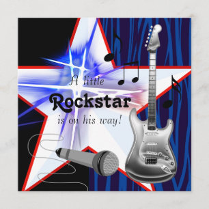 Convite Chuva de Bebê Menino Rockstar Zebra Azul Vermelho