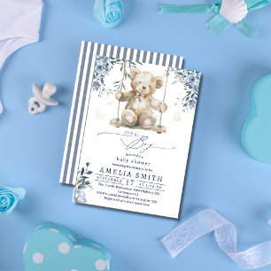 Convite Chuva de Bebê Menino Teddy Boy Aquarela Azul Doce