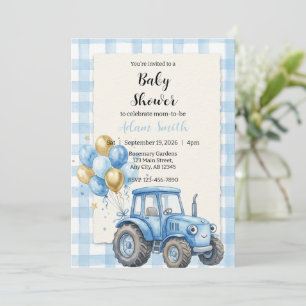 Convite Chuva de Bebê Menino Trator Azul Fazenda