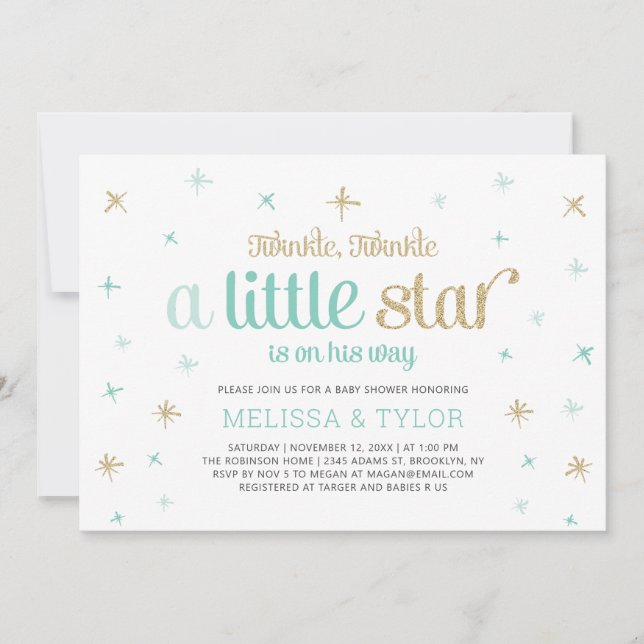 Convite Chuva de Bebe Menino Twinkle Little Star, Sprinkle (Frente)