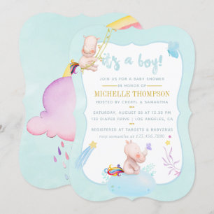 Convite Chuva de Bebê Menino Unicórnio Rinoceronte Aquarel