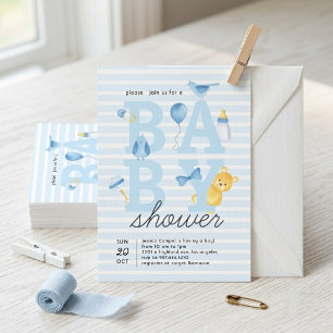 Convite Chuva de Bebê Menino Urso de Listra Azul Aquarela