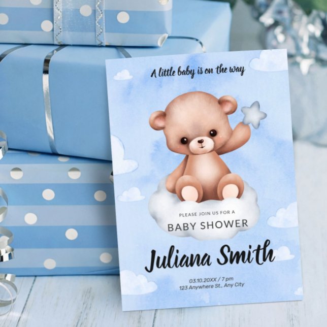 Convite Chuva de Bebê Menino Urso de Pelúcia Aquarela Azul (Teddy Bear on Cloud Watercolor Blue Baby Shower Invitation, We Can Bearly Wait)